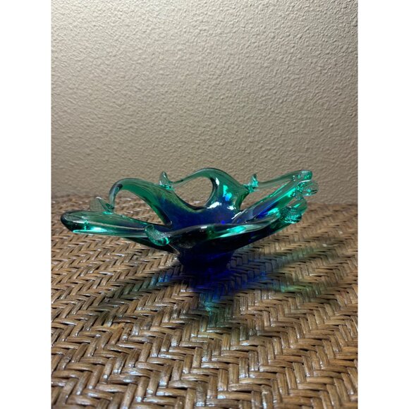 Vintage Murano Hand-Blown Art Glass Centerpiece Webbed Bowl Blue & Green - Picture 4 of 8